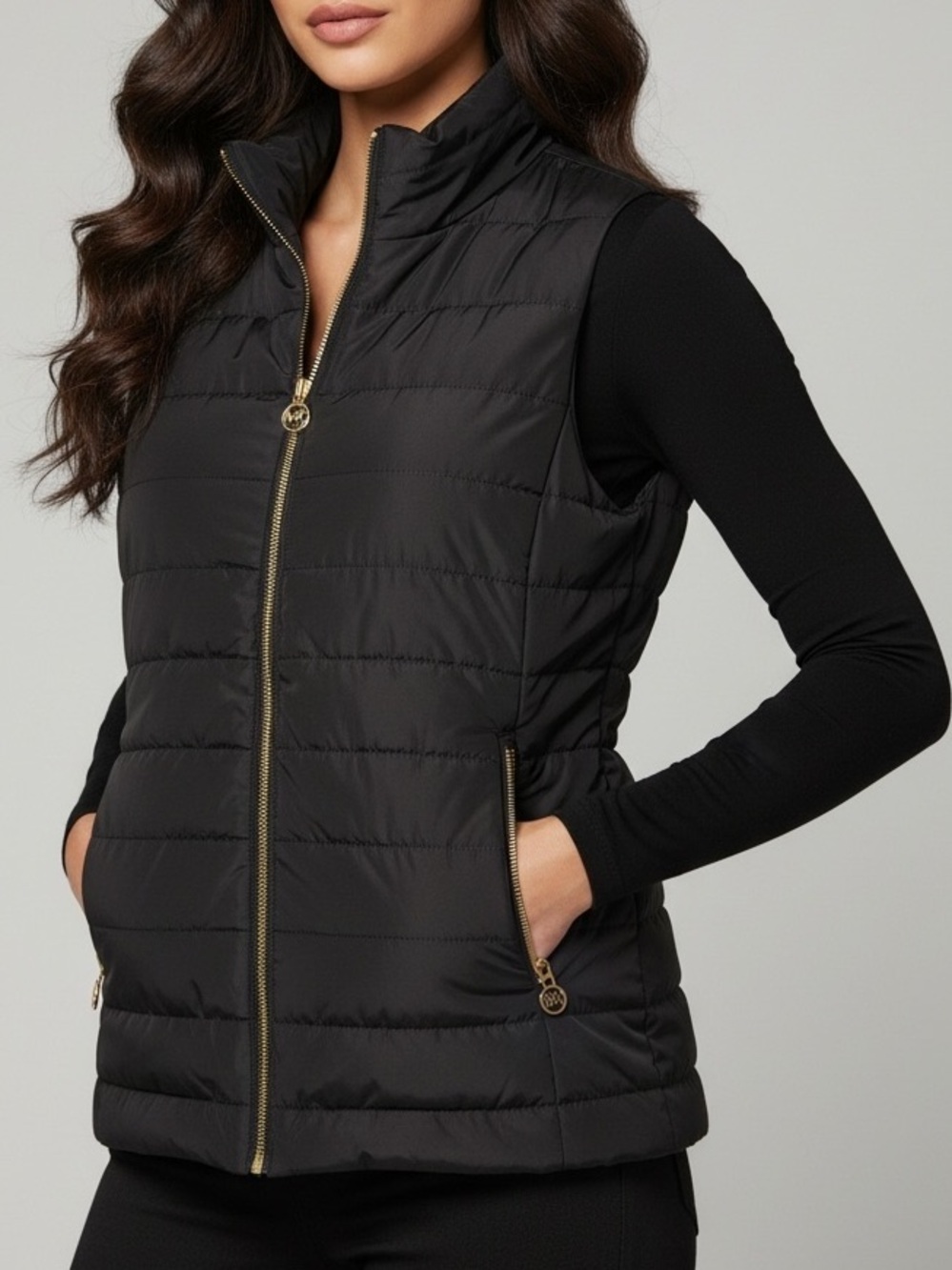 Michael Kors Black Quilted Puffer Vest with Gold Hardware